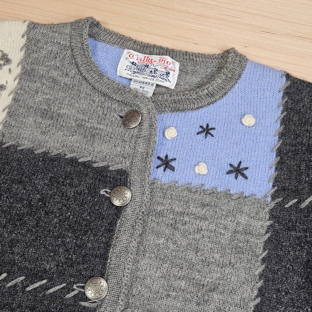 Womens Winter Wool Patchwork Button Front Cardigan Sweater PS Blue Tally-Ho